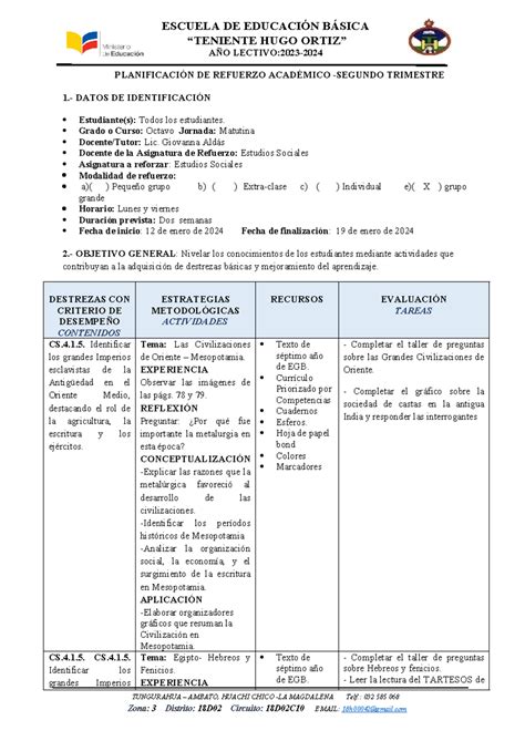 Planificación Refuerzo Académico EESS 2T 8M ESCUELA DE EDUCACIÓN