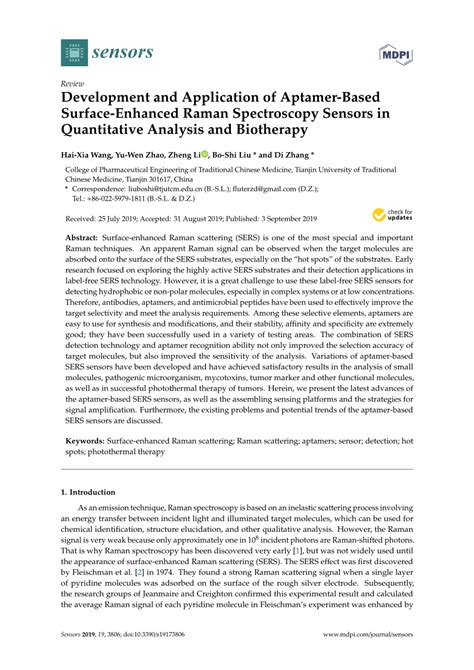 Pdf Development And Application Of Aptamer Based Surface Enhanced Raman Spectroscopy Sensors