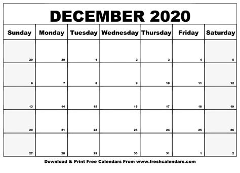 Free Printable December 2020 Calendars