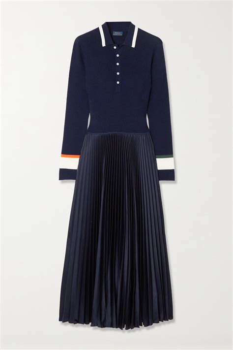 Polo Ralph Lauren Striped Wool Jersey And Pleated Satin Midi Dress In