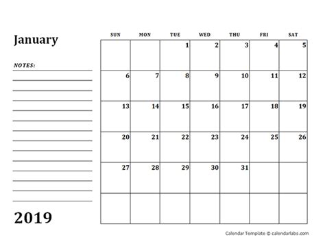 Printable Blank Calendar Template 2019