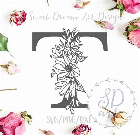 Floral Letter T Svg, Monogram Letter Svg, Decorative Initial Svg ...