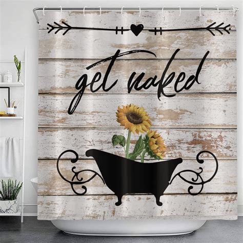 Get Naked Shower Curtains Bathtub Sunflower White Background Barn Wood Farmhouse Shower Curtains
