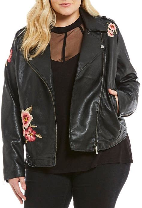 Jessica Simpson Plus Kenley Faux Leather Floral Embroidered Moto Jacket Big Girl Fashion