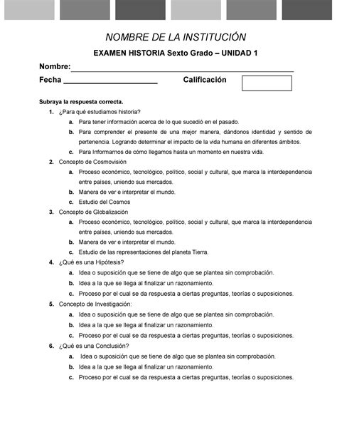 Examen Unidad 1 444 Examen 6 Historia Nombre De La InstituciÓn Examen