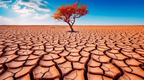 Árbol que crece en tierra seca agrietada en el desierto Foto Premium