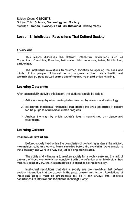 Sts Module 1 Lesson 2 Intellectual Revolution That Defined Society