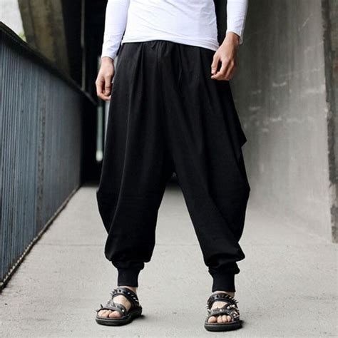 Mens Japanese Samurai Style Boho Casual Loose Fit Harem Baggy Hakama ...