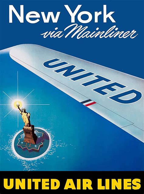 New York Via Mainliner United Airlines Vintage Airline Posters The