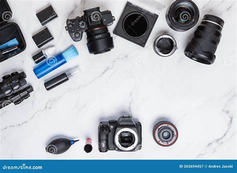 Modern Photography Cleaning Kit Workstation on White Marble Background ...