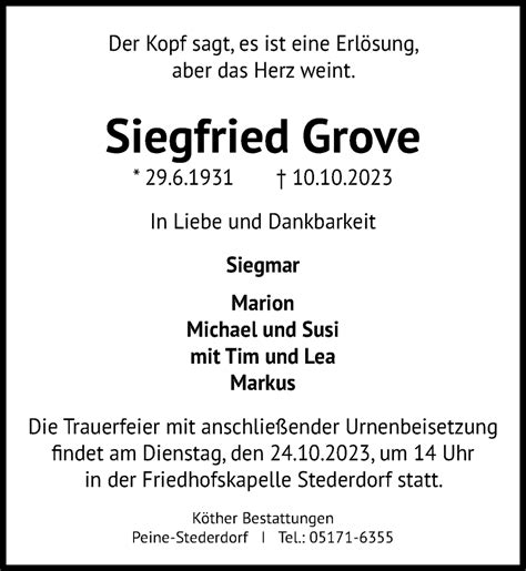 Traueranzeigen Von Siegfried Grove Trauer Anzeigen De