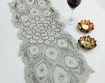 Handmade Bead Table Runner Peacock Design White And Silver 13x36