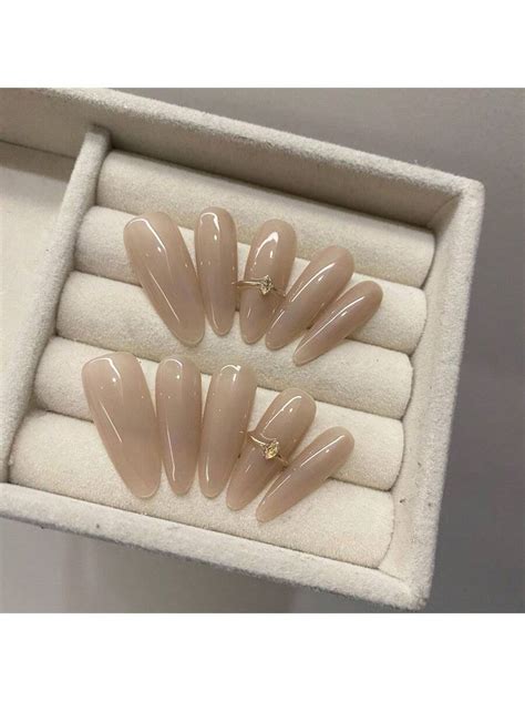 10pcs Handmade Nude Oval Long Press On Nails With 3D Rhinestones Lasting French Manicure