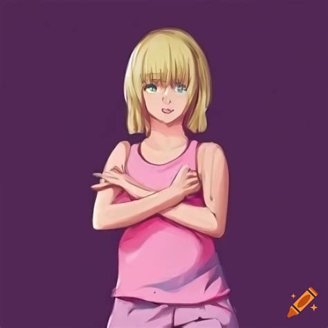 Anime Girl With Blonde Hair And Green Eyes In A Pink Sleeveless T Shirt With Arms Crossed On Craiyon