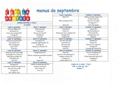 Cantine Scolaire Menus De Septembre Nanteuil Infos Deux