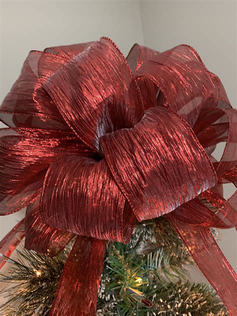 Small Red Lame Crinkle Ribbon Christmas Tree Topper Bow 3 Ft Etsy