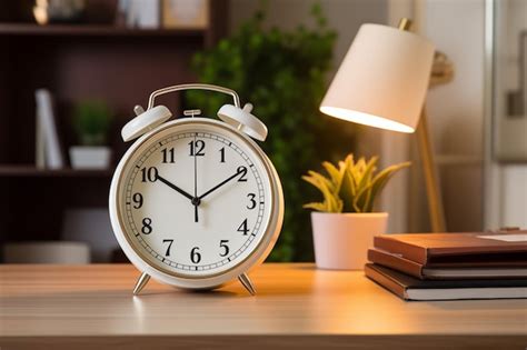 Premium Photo Alarm Clock On Wooden Table In Living Room With Book