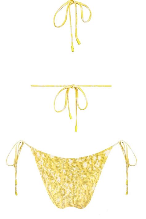 Yellow Floral Crinkle Halter Tie Side Bikini Set ShopperBoard
