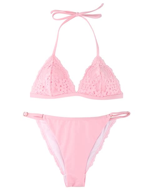 Relleciga Wedding Damen Bademode Triangel Bikini Set Feine Spitze Pink