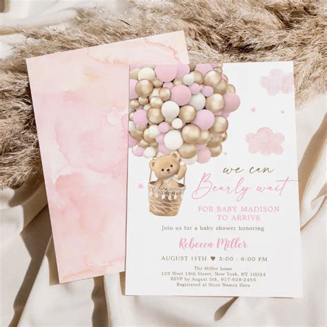 Pink Gold Teddy Bear Hot Air Balloon Baby Shower Invitation Zazzle