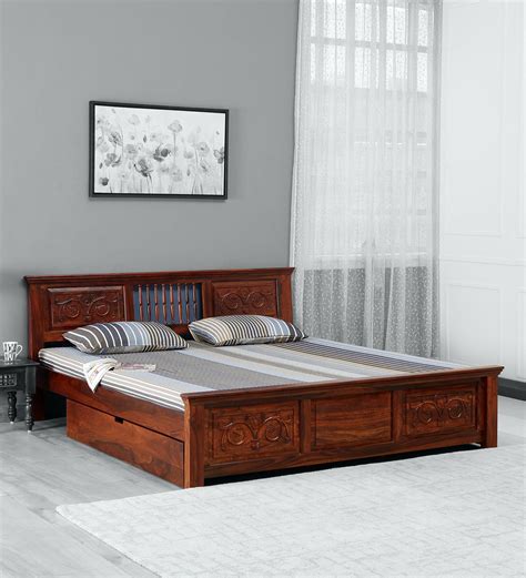 Buy Kumud Solid Wood King Bed With Drawer Storage In Honey Oak Finish Online Traditional King