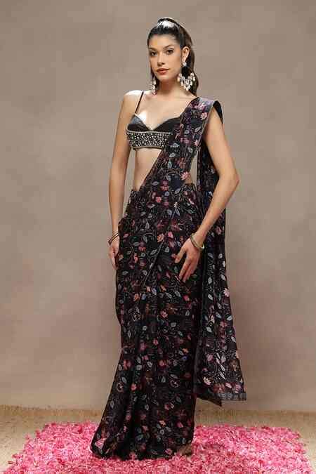 Buy Black Viscose, Organza, Silk Cut Work, Sequins, Ash Petal Saree ...