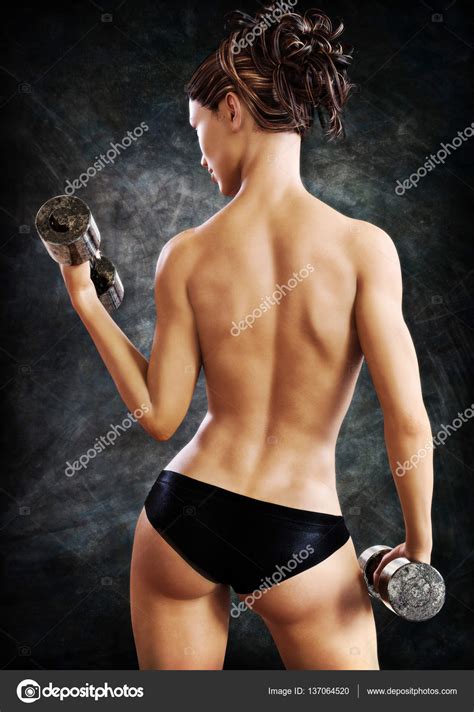 Sexy Fitness Athletic Female Posing Semi Nude Weights Grunge Background Stock Photo