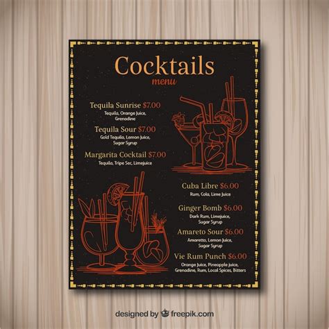 Free Vector Cocktail Menu Template In Hand Drawn Style