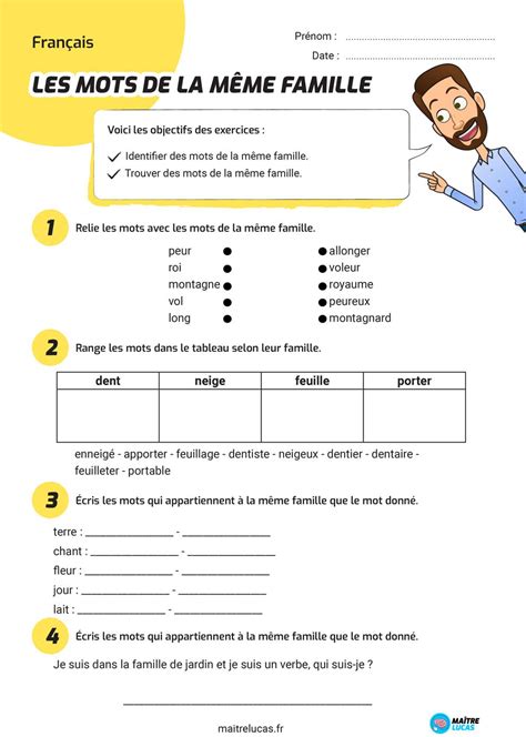 Exercices les mots de la même famille CE1 CE2 Maître Lucas