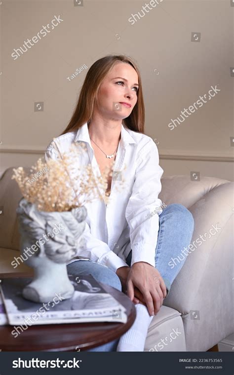 Portrait Enjoying Blonde Mature Woman Indoors Stock Photo 2236753565 Shutterstock