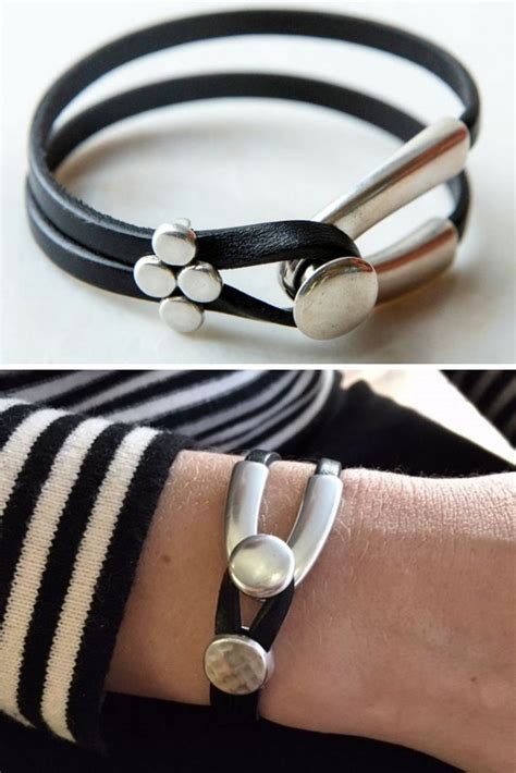 Black Leather And Silver Handmade Wrap Bracelet Womens Etsy