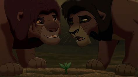 The Lion And Cub Are Facing Each Other