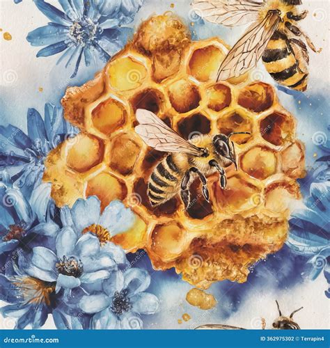 Watercolor Illustration of Honeybees on Honeycomb with Blue Flowers
