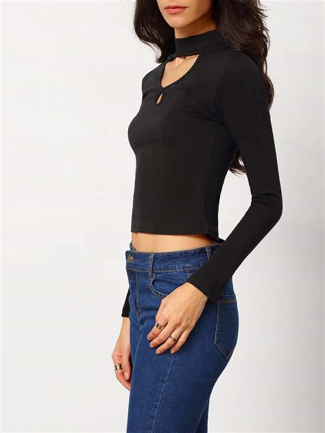 Black Long Sleeve Hollow Slim T Shirt SheIn Sheinside