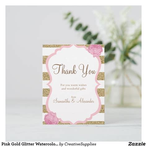 Pink Gold Glitter Watercolor Flower Thank You Card Zazzle Thank You