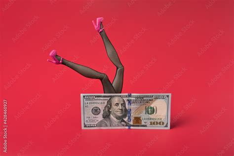 Sexy Woman Legs In Black Fishnet Stockings Over Dollar Bill Sex For Money Concept Red