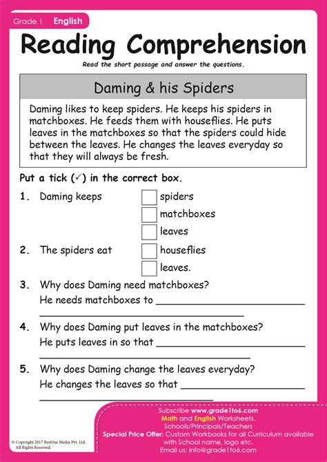 Reading Comprehension Worksheet Grade 1 Worksheets Library