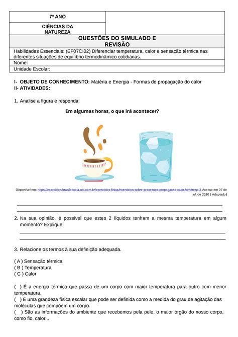 Atividades Sobre Calor é Temperatura 7 Ano Gabarito ROAREDU