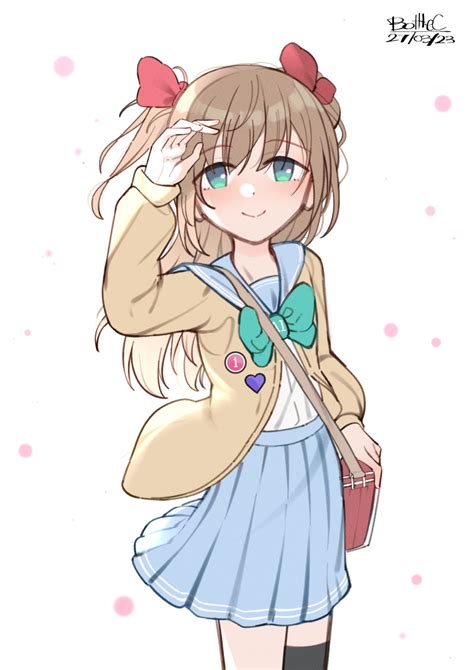 Safebooru 1girl Badge Blue Eyes Blush Bottle Bottle1234 Bow Bowtie