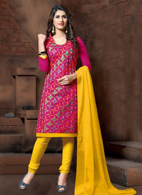 Shop Online Silk Pink Embroidered Churidar Salwar Kameez 161336