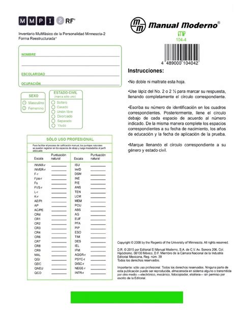 Hoja De Respuestas Mmpi 2 Rf Pdf