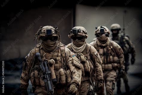 Special Forces Military Units In Full Tactical Gear Walking In Desert