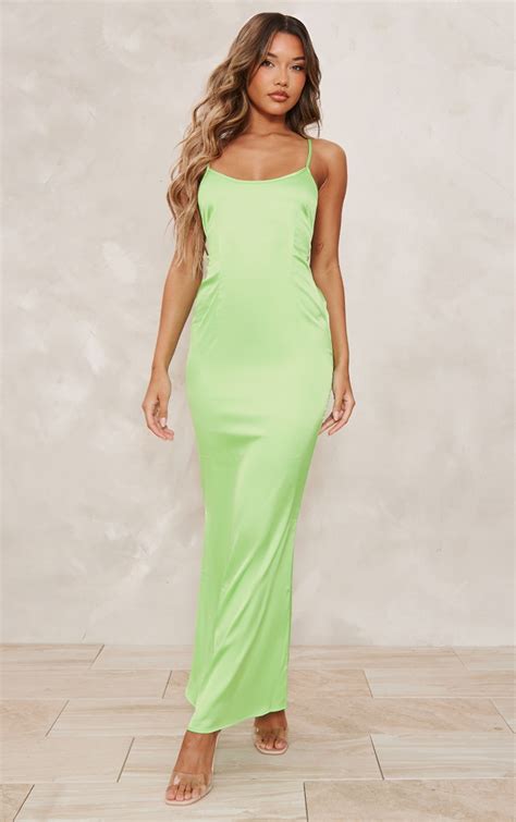 Bright Green Satin Backless Ruched Maxi Dress | PrettyLittleThing