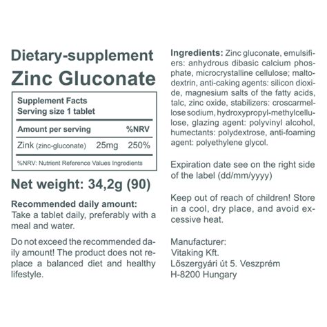 Zinc Gluconate 90 Tablets Vitaking