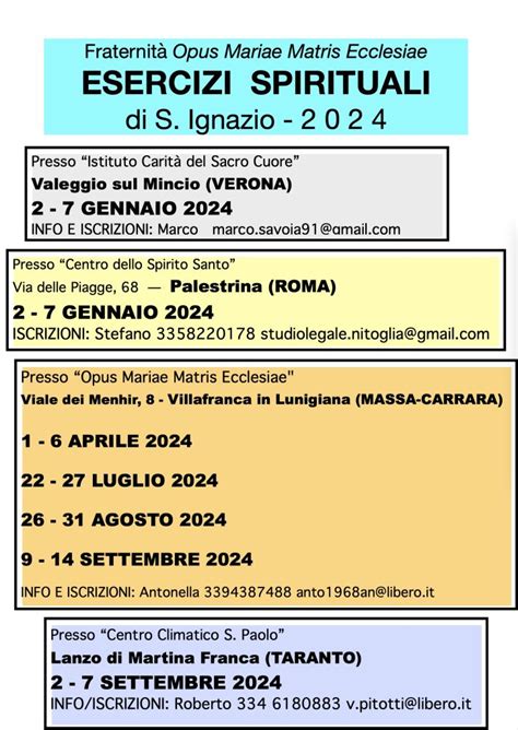 Calendario Esercizi Spirituali Ignaziani 2024 Opus Mariae Matris