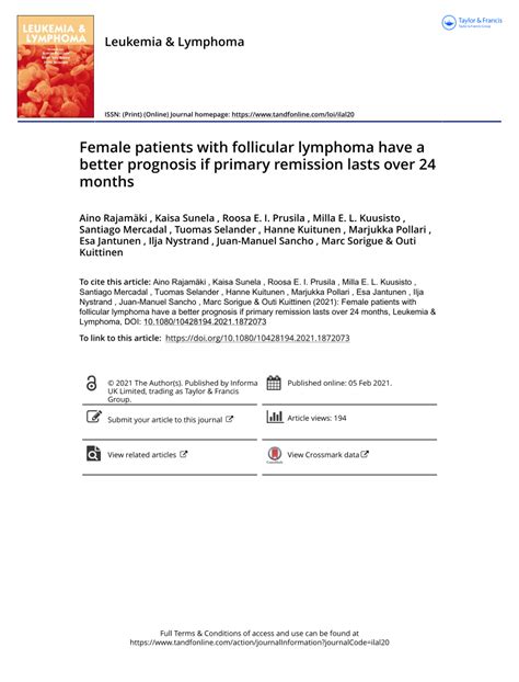 (PDF) Female patients with follicular lymphoma have a better prognosis ...