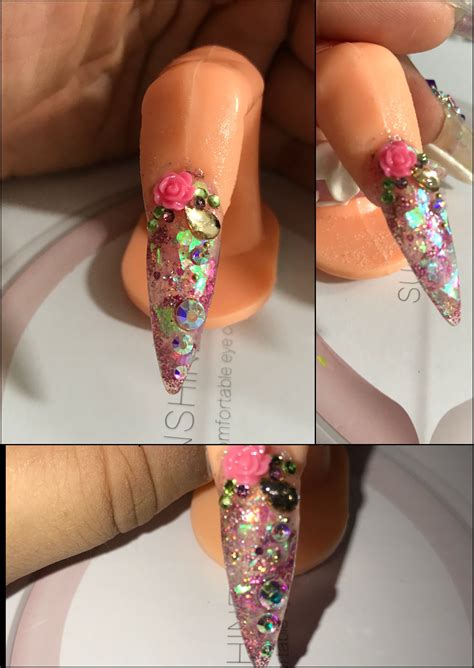 Encapsulated Glitter Rose 3d Holographic Nail Acrylic Design Holographic Nails Acrylic