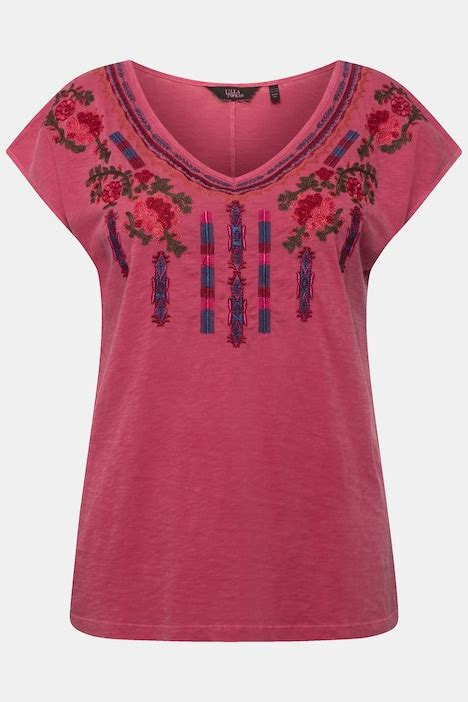 Embroidered Cap Sleeve V Neck Tee Dark Pink Ulla Popken