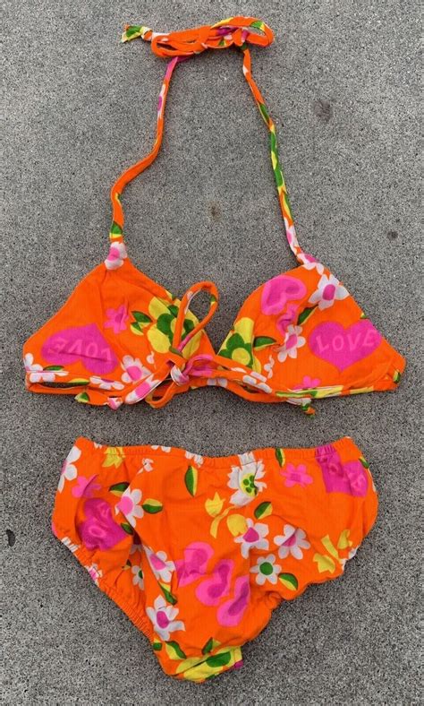 Vintage Bikini Two Piece Swimsuit Floral Heart Love P Gem