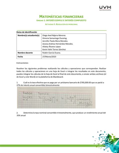 A3 Tarea MATEMTICAS FINANCIERAS UNIDAD 2 INTER SIMPLE E INTER